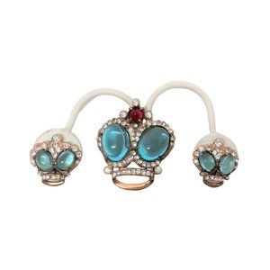 Vintage 1940's Sterling Silver Blue Glass Cabochon Crown Brooch and Earrings Set